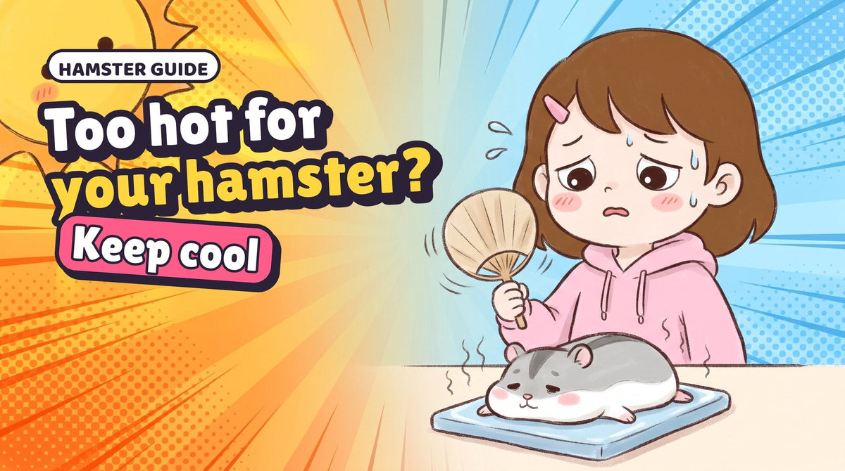 Comic thumbnail: Dango melts on a hot day while Momo fans him, with the words Too hot for your hamster?