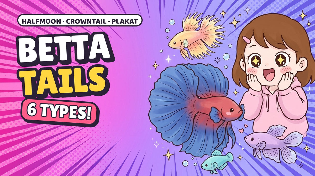 Comic thumbnail: Momo amazed at Hanabi and other cartoon bettas, with the words Betta tails, 6 types