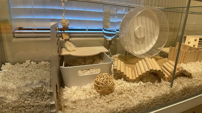 Hamster cage with paper bedding, a wheel, a water bottle and wooden toys