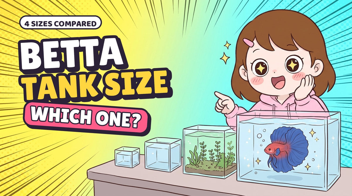 Comic thumbnail: Momo points at four tanks from small to big, Hanabi in the biggest, with the words Betta tank size, which one?