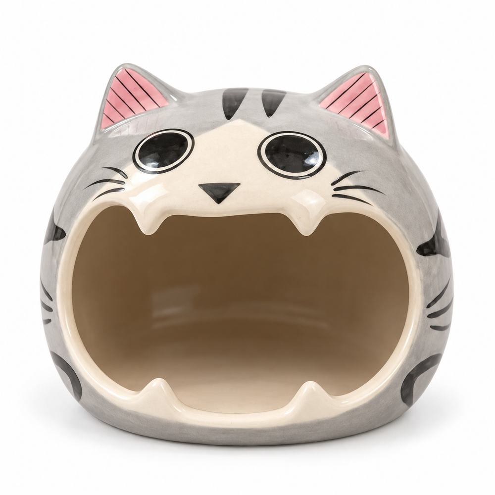 Gray Cat Ceramic Hamster Hideout