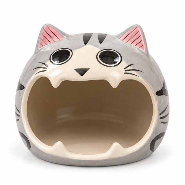Gray Cat Ceramic Hamster Hideout