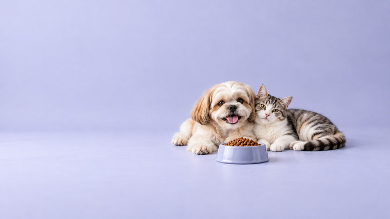 Shih tzu and tabby cat lying together beside a bowl of kibble